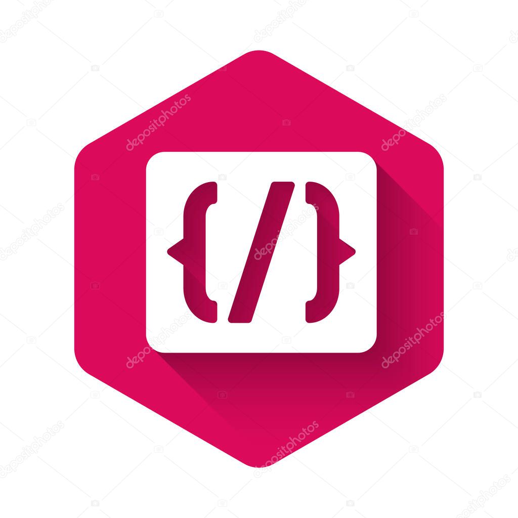 White Programming language syntax icon isolated with long shadow background. Syntax programming file system. Pink hexagon button. Vector