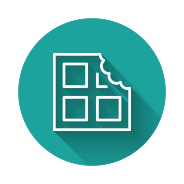 Beyaz çizgi çikolata ikonu uzun gölge arkaplan izole. Yeşil daire düğmesi. Vektör