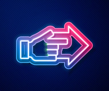Mavi arka planda izole edilmiş ok simgesi olan parlayan neon çizgili bir el. İş görüşü ve hedef. İş finansmanı kavramı, karakter, lider. Vektör