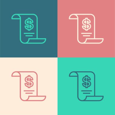 Pop Art Line Kağıt veya finansal kontrol simgesi renk arkaplanında izole edildi. Kağıt baskı çeki, makbuz ya da fatura. Vektör