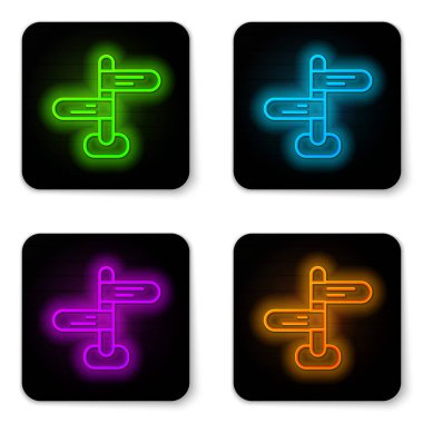 Parlayan neon hat trafik levhası. Beyaz arkaplanda sinyal simgesi izole edildi. İşaretçi sembolü. İzole sokak bilgi levhası. Yön tabelası. Siyah kare düğme. Vektör