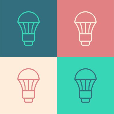 Pop sanat çizgisi LED ampul simgesi renk arkaplanında izole edildi. Ekonomik LED ışıklı ampul. Enerji lambasını sakla. Vektör
