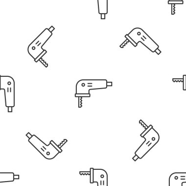 Gri çizgili elektrikli yapboz, çelik keskin bıçak ikonu, beyaz arka planda izole edilmiş pürüzsüz desen. Ahşap işçiliği için elektrikli alet. Vektör