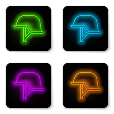 Parlayan neon hattı askeri miğfer simgesi beyaz arka planda izole edildi. Ordu şapkasının savunma ve koruma sembolü. Koruyucu şapka. Siyah kare düğme. Vektör