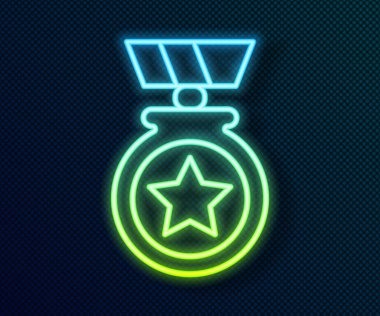 Siyah zemin üzerinde yıldız simgesi olan parlak neon çizgisi madalyası. Kazanan başarı işareti. Ödül madalyası. Vektör