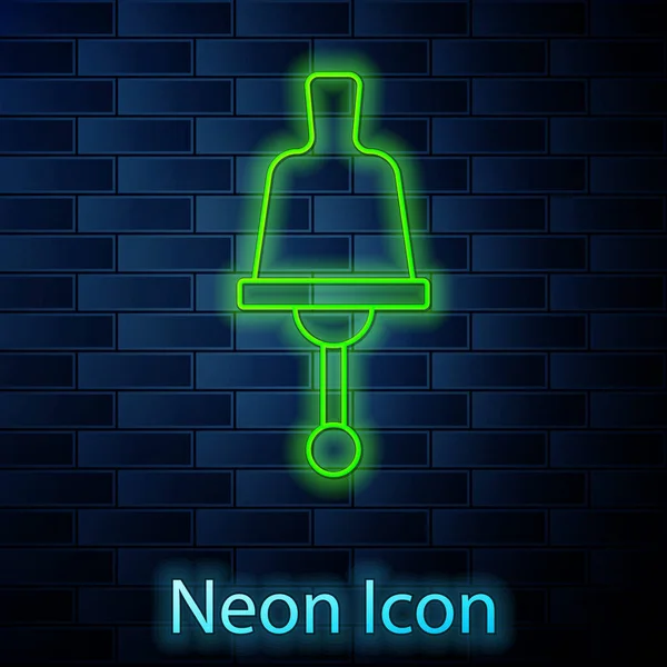 Glödande neon linje Ringklocka ikon isolerad på tegel vägg bakgrund. Larmsymbol, service klocka, handbell tecken, anmälan symbol. Vektor — Stock vektor