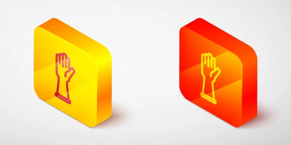 Isometric line Rubber gloves icon isolated on grey background. Latex hand protection sign. Housework cleaning equipment symbol. Yellow and orange square button. Vector — Stock Vector