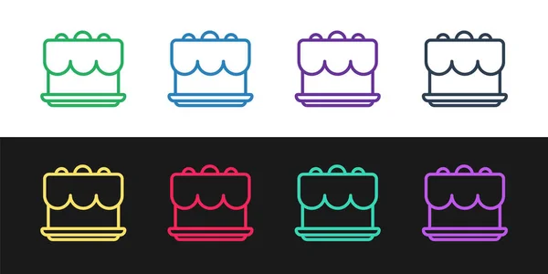 Définir l'icône Gâteau ligne isolé sur fond noir et blanc. Joyeux anniversaire. Vecteur — Image vectorielle