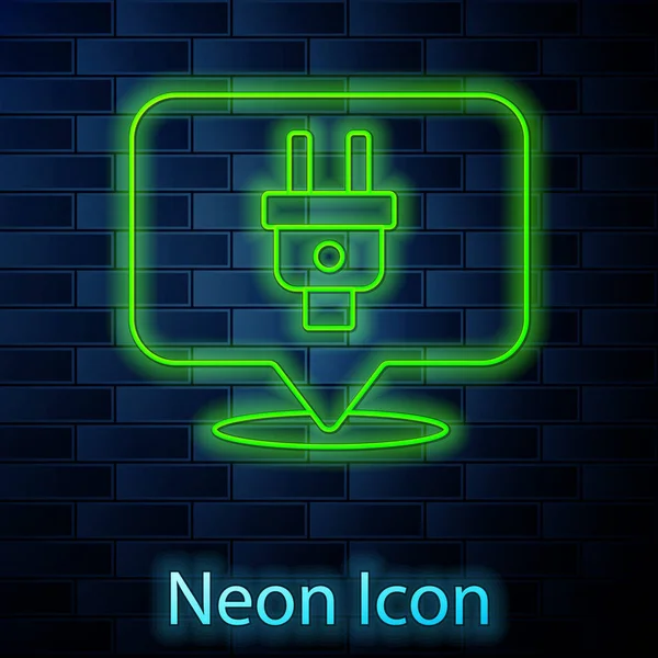 Linea neon incandescente icona spina elettrica isolata su sfondo muro di mattoni. Concetto di connessione e disconnessione dell'elettricità. Vettore — Vettoriale Stock