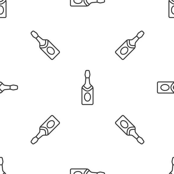 Ikon botol Champagne garis abu-abu mengisolasi pola mulus pada latar belakang putih. Vektor - Stok Vektor
