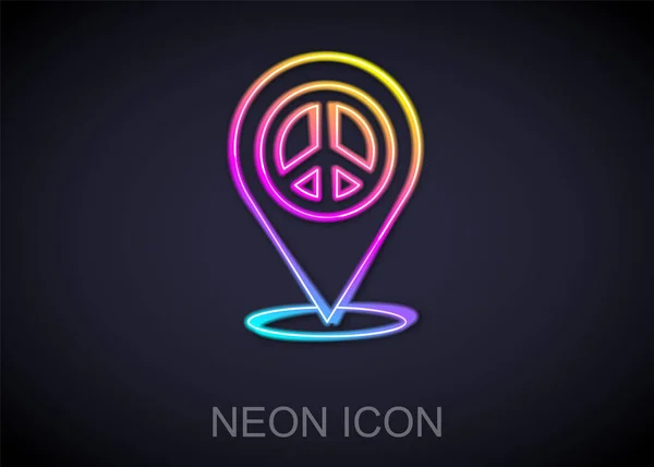 Glowing neon line Location peace icon isolated on black background. Hippie symbol of peace. Vector — Stock Vector