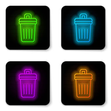 Parlayan neon hattı Çöp kutusu simgesi beyaz arkaplanda izole edildi. Çöp kutusu tabelası. Sepet simgesini geri dönüştür. Ofis çöpü ikonu. Siyah kare düğme. Vektör