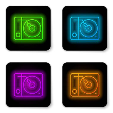 Beyaz arkaplanda izole edilmiş vinil disk ikonu olan parlak neon çizgili vinil oynatıcı. Siyah kare düğme. Vektör