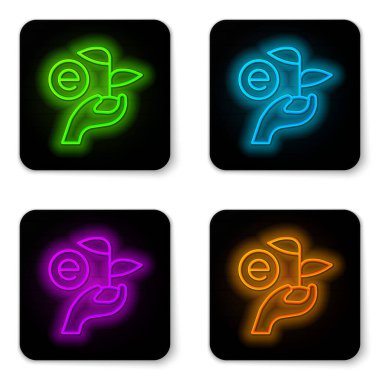 Parlayan neon hattı beyaz arka planda izole edilmiş çevre koruma ikonu elinde Yaprak. Tohum ve tohum. Fidan dikiyorum. Ekoloji konsepti. Siyah kare düğme. Vektör