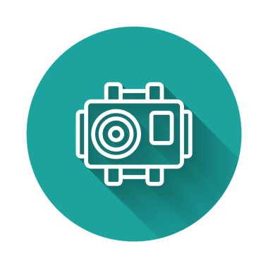 Dalgıç simgesi için beyaz çizgi fotoğraf makinesi uzun gölge arkaplan izole. Fotoğraf makinesi simgesi. Su altı ekipmanları. Yeşil daire düğmesi. Vektör