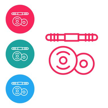 Kırmızı çizgi Barbell simgesi beyaz arkaplanda izole edildi. Kas kaldırma ikonu, fitness halteri, spor aletleri, egzersiz yaban domuzu. Simgeleri daire düğmelerine ayır. Vektör