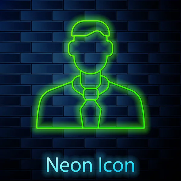 Lumineux néon ligne icône travailleur isolé sur fond de mur de briques. Symbole d'avatar d'affaires icône de profil utilisateur. Signe d'utilisateur masculin. Vecteur — Image vectorielle