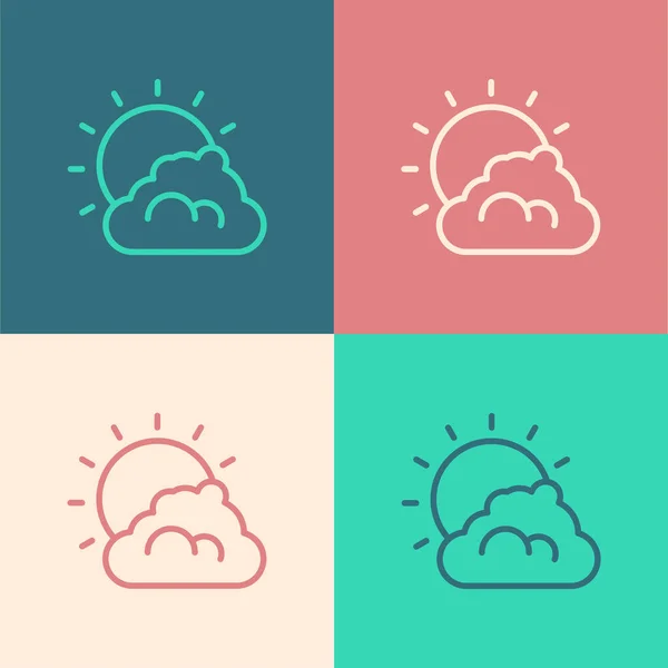 Pop-Art-Linie Sonne und Wolken Wetter-Symbol isoliert auf farbigem Hintergrund. Vektor — Stockvektor