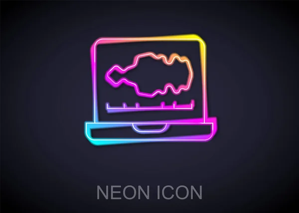 Glowing neon line Sound or audio recorder or editor software on laptop icon isolated on black background. Vector — Stock Vector