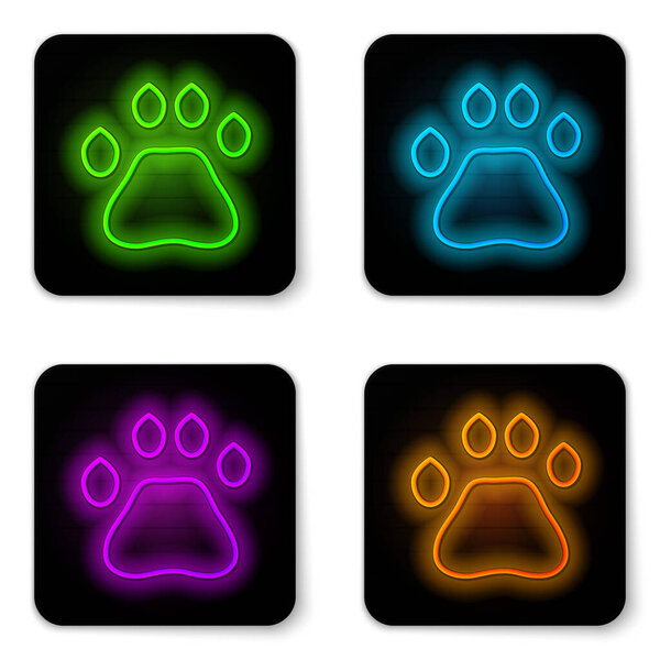 Glowing neon line Bear paw footprint icon isolated on white background. Black square button. Vector