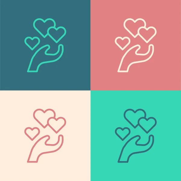 Pop-Art-Linie Herz in der Hand Symbol isoliert auf farbigem Hintergrund. Hand, die Liebe symbolisiert. Valentinstag-Symbol. Vektor — Stockvektor