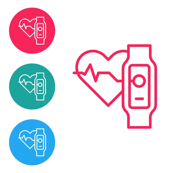 Rote Linie Smartwatch, die das Herzschlagsymbol auf weißem Hintergrund zeigt. Fitness App Konzept. Setzen Sie Symbole in Kreis-Tasten. Vektor — Stockvektor