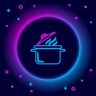 Parlayan neon hattı siyah arka planda izole edilmiş tencere pişirme ikonu. Haşlama ya da güveç besin sembolü. Renkli taslak konsepti. Vektör