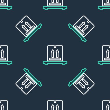 Palet simgesi üzerindeki çizgi karton kutular siyah arkaplanda izole edilmiş kusursuz desen. Kırılgan işaretli kapalı karton teslimat kutusu. Vektör