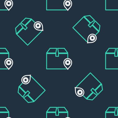 Karton kutu simgesine sahip çizgi konumu siyah arkaplanda izole edilmiş pürüzsüz desen. Teslimat hizmetleri, lojistik ve ulaşım, yer değiştirme, dağıtım. Vektör