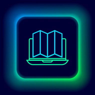 Siyah arkaplanda izole edilmiş dizüstü bilgisayar simgesinde ormanın parlayan neon hattı konumu. Renkli taslak konsepti. Vektör