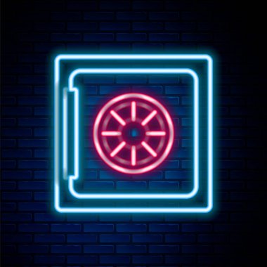 Parlayan neon hattı tuğla duvar arka planında güvenli simge izole edildi. Kapı, şifreli bir banka kasası. Güvenilir Veri Koruma. Renkli taslak konsepti. Vektör