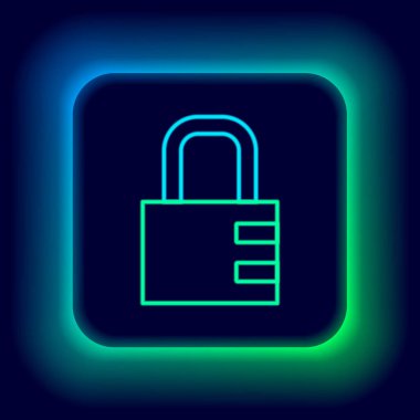 Parlayan neon hattı güvenli kilit simgesi siyah arkaplanda izole edildi. Kombinasyon asma kilit. Güvenlik, güvenlik, koruma, şifre, gizlilik. Renkli taslak konsepti. Vektör