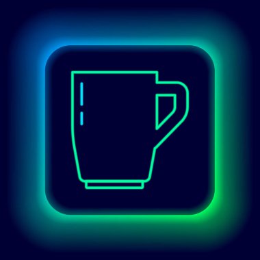 Parlayan neon hattı kahve fincanı simgesi siyah arka planda izole edilmiş. Çay fincanı. Sıcak içecek kahvesi. Renkli taslak konsepti. Vektör