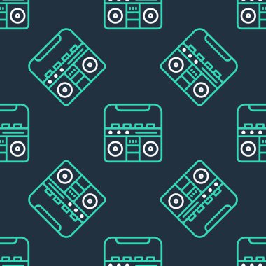 Line Home stereo ve iki hoparlör simgesi siyah arkaplanda izole edilmiş. Müzik sistemi. Vektör