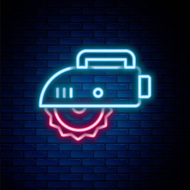 Parlak neon hattı çelik dişli disk ikonu ile elektrikli testere tuğla duvar zemininde izole. Tahta ya da metal kesmek için elektrikli el aleti. Renkli taslak konsepti. Vektör