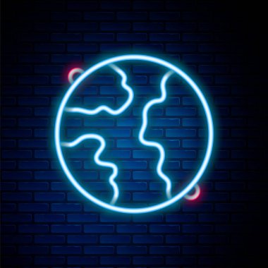 Işıldayan neon hattı dünya çapında ikon tuğla duvar arka planında izole edildi. Yerküreye iğnele. Renkli taslak konsepti. Vektör