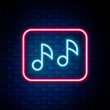 Parlayan neon hattı Müzik notası, ton simgesi tuğla duvar arka planında izole edilmiş. Renkli taslak konsepti. Vektör