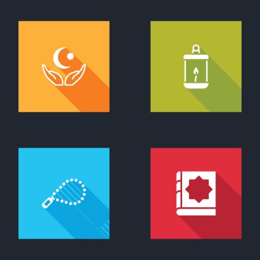 Yıldız ve hilal, Ramazan Kareem feneri, tespih dini ve Kuran ikonu kutsal kitabı. Vektör