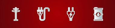 Elektrik kulesini, fişi ve biyo yakıt varili ikonunu ayarla. Vektör