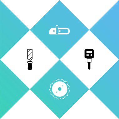 Rasp metal dosyasını, testere bıçağını, elektrikli testereyi ve inşaat matkap ikonunu hazırlayın. Vektör