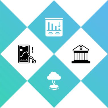 Mobil hisse senedi ticaretini, Storm 'u, Pasta grafiğini ve Banka binası simgesini ayarla. Vektör