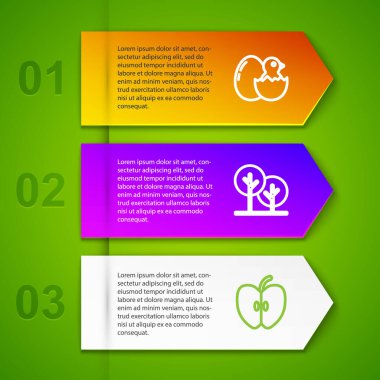 Kırık yumurtanın içindeki küçük piliç, Ağaç ve Elma. Ticari bilgi şablonu. Vektör