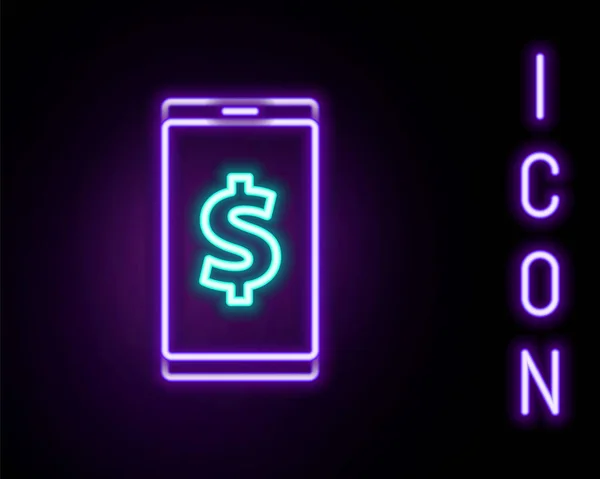 发光霓虹灯线智能手机与美元符号图标隔离在黑色背景 网上购物的概念 金融手机 网上支付 五彩缤纷的概念 — 图库矢量图片