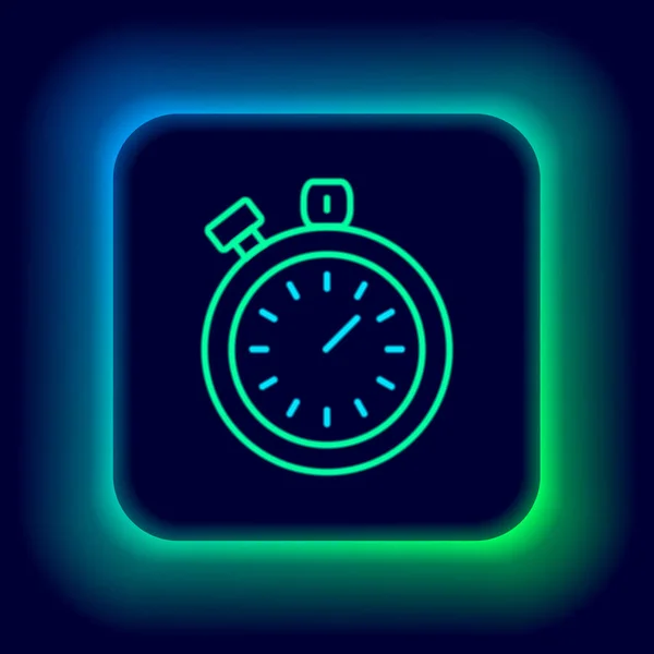 Gloeiende Neon Lijn Stopwatch Pictogram Geïsoleerd Zwarte Achtergrond Tijdklok Teken — Stockvector