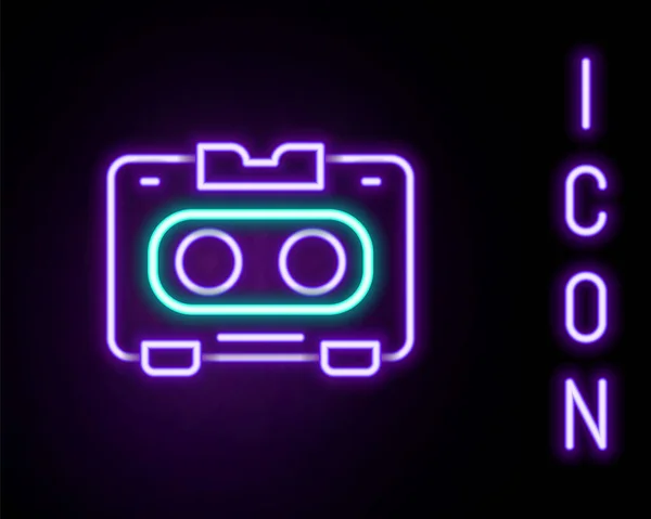 Świecąca Neon Linia Retro Audio Kaseta Magnetofonowa Ikona Izolowana Czarnym — Wektor stockowy