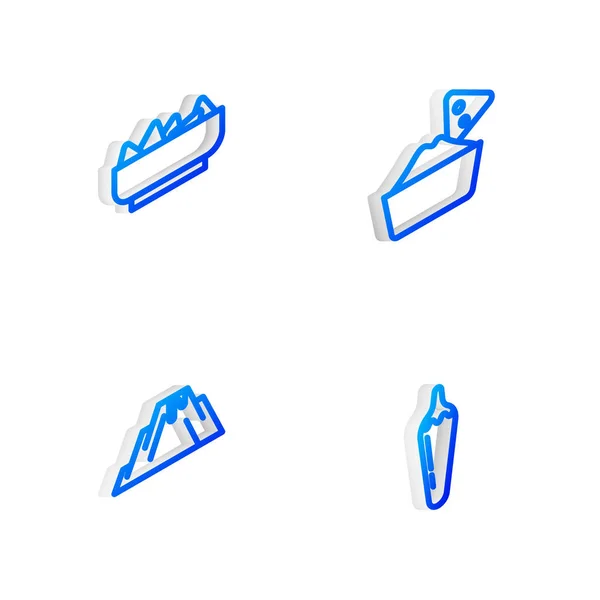 ボウルにアイソメトリックラインナチョス 溶岩と唐辛子ポッドアイコンと火山噴火を設定します ベクトル — ストックベクタ