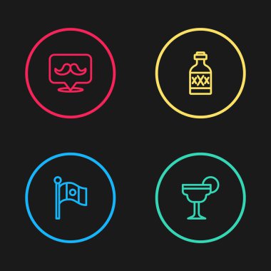 Meksika bayrağı, Margarita kokteyli, tekila şişesi ve bıyık ikonu. Vektör