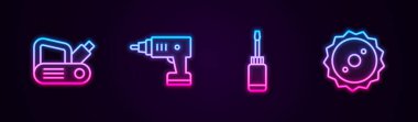 Kablosuz tornavida, tornavida ve testere bıçağı ayarlayın. Parlayan neon ikonu. Vektör