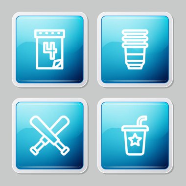 Takvimi 4 Temmuz tarihi, kağıt bardak çapraz beyzbol sopası ve saman ikonu ile ayarla. Vektör