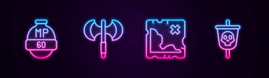 Set hattı video oyunu barı, ortaçağ kutup baltası, korsan hazine haritası ve bayrak. Parlayan neon ikonu. Vektör